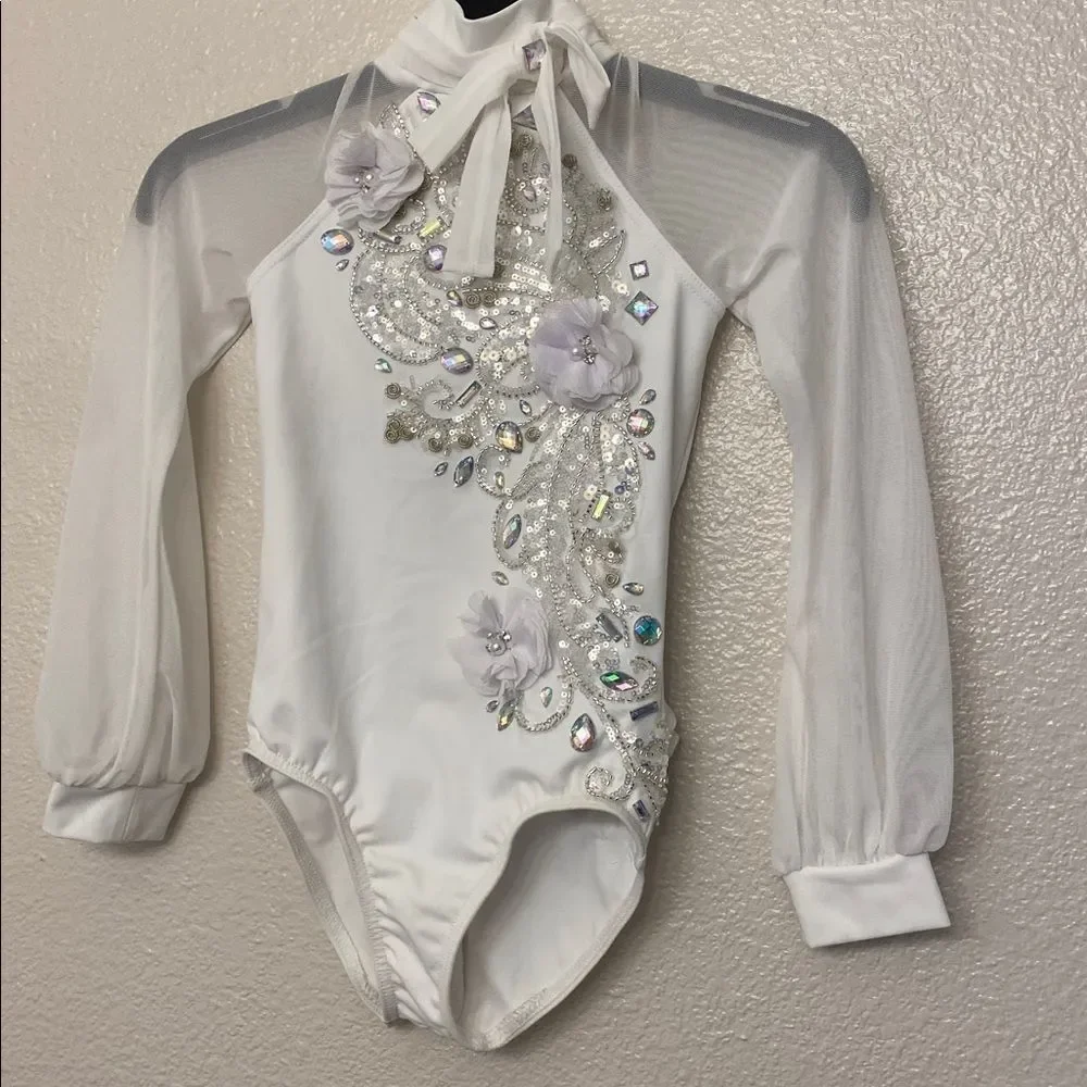 Weissman Balera solo Dance costume white custom poet sleeve Leotard MT11449 SC 6